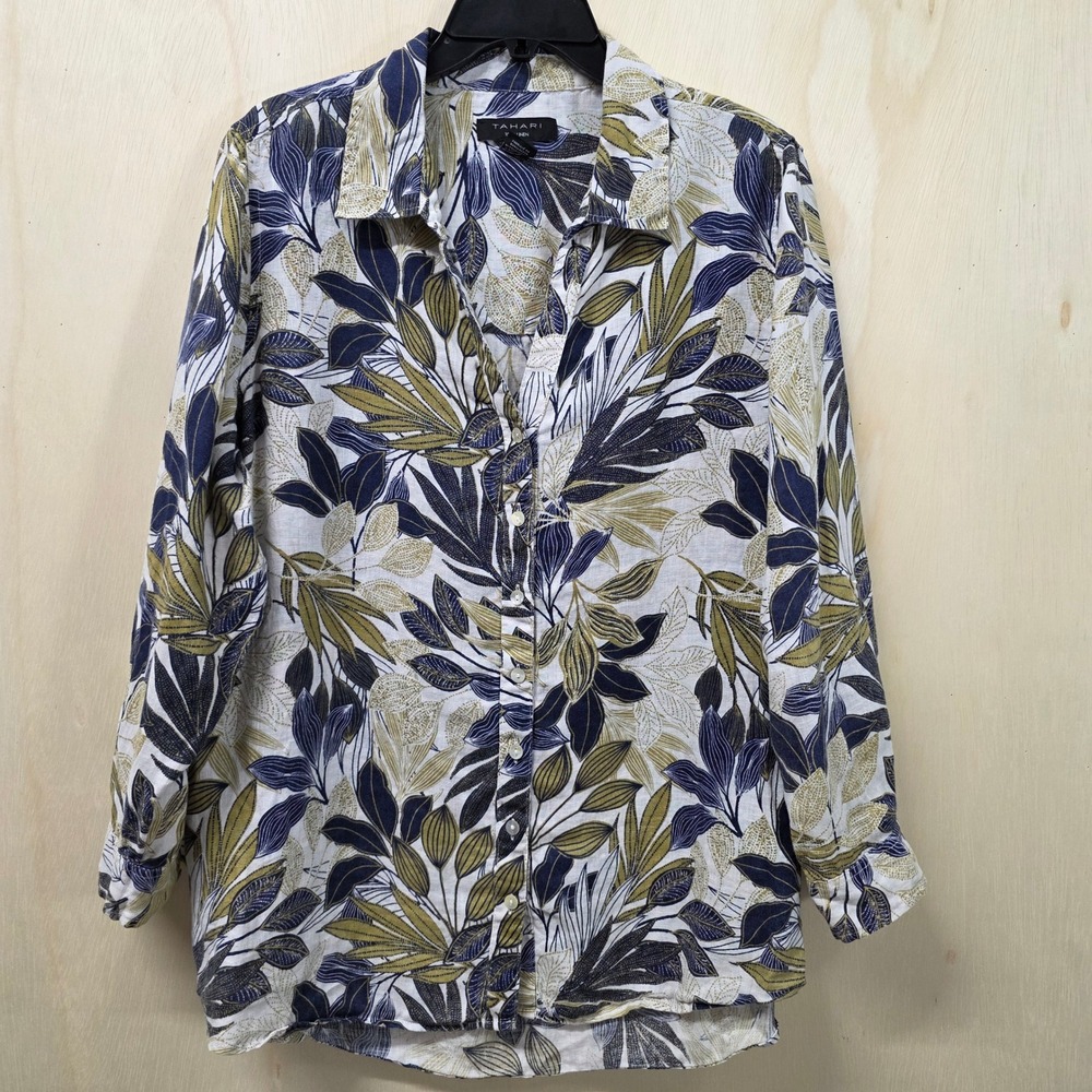 Tahari Women 1X Linen Button Down Shirt Tropical Leaf Print Roll Tab Sleeve Blue